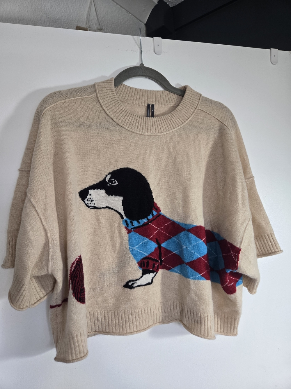 Anthropologie Cashmere Crewneck Sweater with Turquoise & Brown Argyle Dachshund - Picture 3 of 5